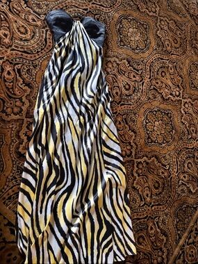 La Femme Strapless Maxi Dress in Black, White & Yellow Zebra Print